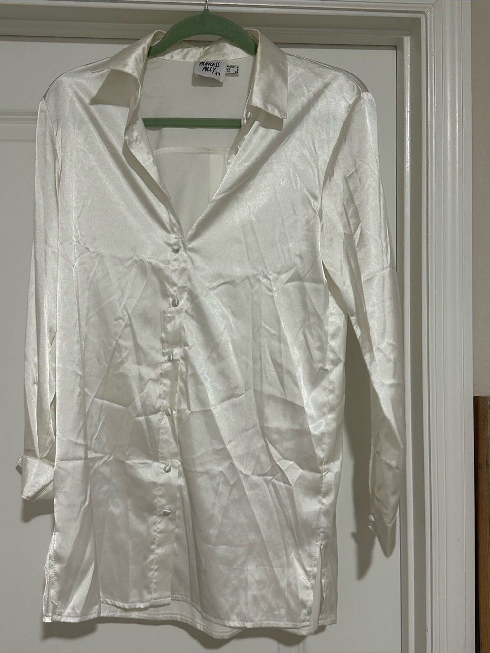 Princess Polly Ivory Satin Long Sleeve Button-Up Dress